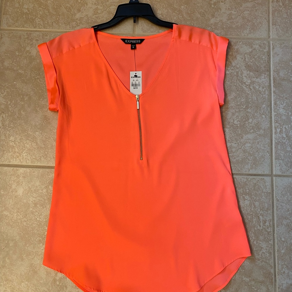 Express Women's Neon Coral Zip Front V-Neck Top